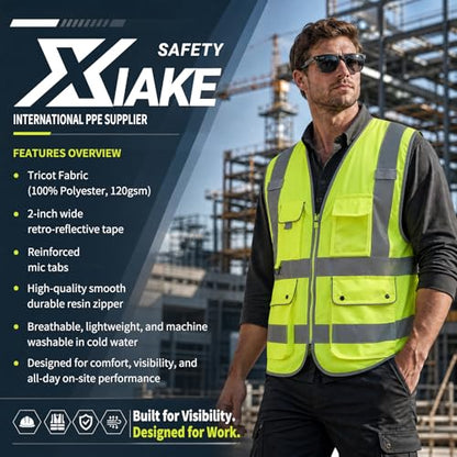 XIAKE Reflective Safety Vest for Men & Women High Visibility Class 2 Vest with Pockets Meets ANSI Standards - color: Yellow, size: 4X-Large