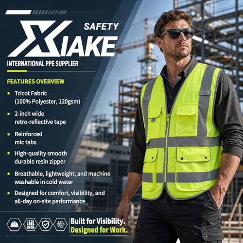 XIAKE Reflective Safety Vest for Men & Women High Visibility Class 2 Vest with Pockets Meets ANSI Standards - color: Yellow, size: 5X-Large