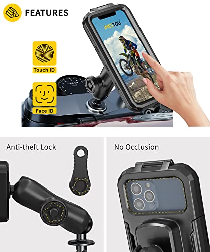 iMESTOU Waterproof Motorcycle Fork Stem Phone Mount Case 1" Ball Bike Phone Holder Anti-Theft with B Size Double Socket Arms Aluminum Ball Base for 5.5"-6.8" Cellphones (L)