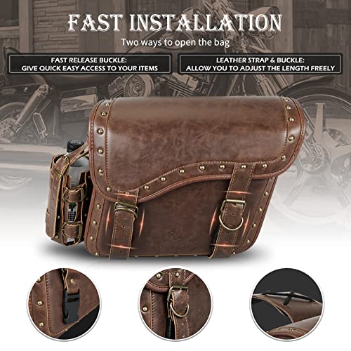 NICECNC Motorcycle Saddle Bags, PU leather Motorcycle Saddlebags with Cup Holder, Reinforced Straps & Saddle Piece, Throw Over Side Accessories Bags, Brown - size: 25L-Brown1