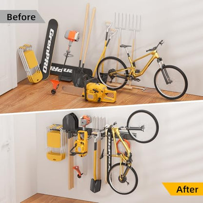 GRENPRO Garage Tool Organizer Wall Mount with 49.5 inches Rails and 6 Double-layer Hooks, Heavy Duty Tool Rack, Garage Storage Rack For Yard Tools - size: 49.5 inch