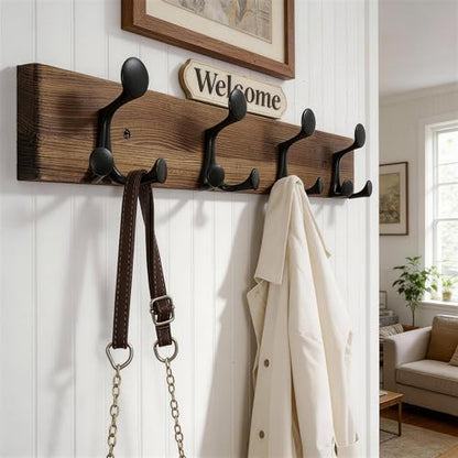 WEBI Coat Rack Wall Mount,24" Solid Wood Coat Hooks Wall Mounted Coat Hanger,16" Hole to Hole,Heavy Duty Hook Rack,4 Triple Hooks for Hanging Coats,Jacket,Hat,Backpack,Farmhouse,Brown,2 Packs - color: Brown, size: 24 Inch(2 Pcs)