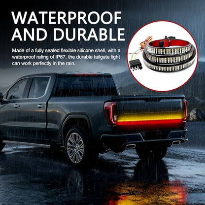 59" LED Tailgate Light Bar, IP65 Waterproof Flexible PVC Design Lights Strip, Multi-function Triple-row Brake Running Turn Signal Strip, for Most Pickup Truck SUV Van Trailer (Multicolored)