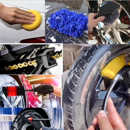 Motorcycle Cleaning Kit 11pcs to Clean Motorcycle Engine Tires Mudguard,Rims,Frame with Hard Reach Brush, Microfiber Mitt, Detailing Tools, Drying Towel