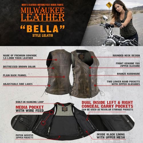 Milwaukee Leather Women's Classic Biker Vest - Premium Leather, Zipper Front, Concealed Carry, Rider Fit Design - color: Lkl4719-blk/Beige, size: Medium