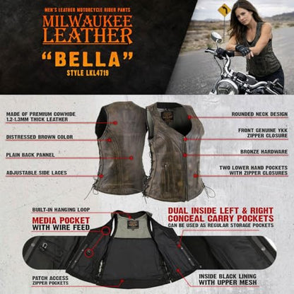 Milwaukee Leather Women's Classic Biker Vest - Premium Leather, Zipper Front, Concealed Carry, Rider Fit Design - color: Lkl4719-blk/Beige, size: Large