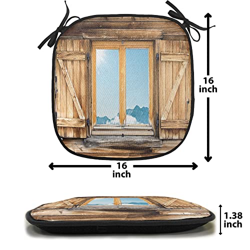 Lunarable Shutters Chair Cushion Pad, Weathered Facade of a Mountain Hut Mountain Reflection in The Window Picture, Seat Padding for Kitchen & Patio with Anti-Slip Backing, 16"x16", Beige Blue Teal - color: Beige Blue Teal, size: Pack of 1