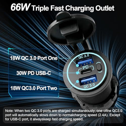 12v usb charger, PD 20W USB-C Power Socket and 18W QC3.0 Socket Waterproof Power Outlet 12V/24V with Power Switch 12V USB C Outlet for Car Golf Cart Boat Marine Bus Truck RV Marine Motorcycle etc. - color: 2QC+1PD