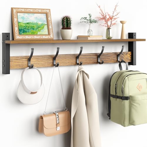 Optish Coat Rack Wall Mount with Shelf, 29 Inch Coat Hanger Walls Mounted, Hat Rack for Walls, Shelf with 5 Coat Hooks, Wall Hanger for Entryway (Brown) - color: Brown, size: 29 Inch