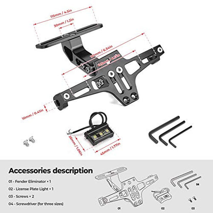 KEMIMOTO Universal Motorcycle License Plate Bracket with LED Light Fender Eliminator Kit CNC Aluminum Motorcycle Tail Tidy License Plate Holder Mount Black - color: Black