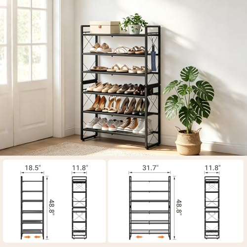 ELYKEN Shoe Rack, 6-Tier Expandable Shoe Organizer for Entryway, Metal Black Shoe Shelf with 8 Hooks, Ajustable Shoe Stand Holder for Closet, Garage, Door Entrance - size: 6-Tier