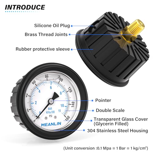 MEANLIN MEASURE 0~160Psi Stainless Steel 1/4" NPT 2.5" FACE DIAL Liquid Filled Pressure Gauge, Center Back Mount (with Rubber Protective Sleeve), with 1/2" NPT and 3/8" NPT Hex Bushing - size: 0-160Psi