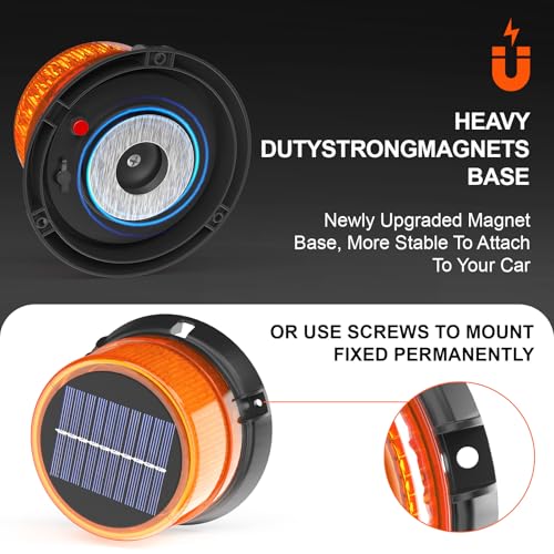 AnTom Solar LED Wireless Strobe Lights, Waterproof Rechargeable Amber Beacon Light with Strong Magnetic Base, Warning Rotating Flashing for Working Vehicle - color: Amber