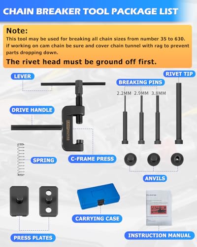 DAYUAN Motorcycle Chain Breaker Set, Chain Cutter and Riveter Kit Blue Case | 13Pcs Chain Removal Tool, 35-630 Chains Bikes Motorcycles ATVs，2.2/2.9/3.8mm Pins，Long Handle High Torque, Grind Rivet First - color: Blue