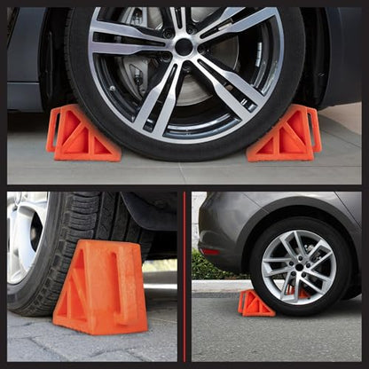 Wheel Chocks 2-Pack - Parking Block Set with 3 Ton Capacity - Wheel Chocks for RV Trailer, Motorcycle, Camper, Trucks, or Cars by Stalwart (Orange)