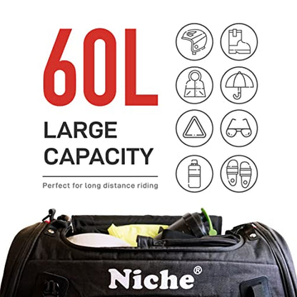 Niche Motorcycle Tail Bag 60L – Waterproof Travel Luggage with High‑Vis Neon Rain Cover & Reflective Trim, Universal Fit for Sport & Touring Bikes (NMO-2211)