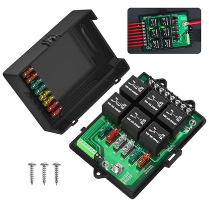 Joinfworld Relay Box Fuse Relay Box 12V Automotive Universal Fuse Panel with 6 Way Relays and 14 x ATC/ATO Blade Fuses 12 Volt Fuse Box Waterproof with Led Light and Relay Module
