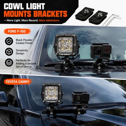 LED Light Bar Mounting Brackets A Pillar Ditch Light Bracket Extensions | Steel Cowl Pod Light Mounting Brackets No Drilling Universal Hood Light Mounting Brackets Adjustable Aluminum Alloy - color: Hood Mount + 2PCS Ditch Light Bracket Extensions