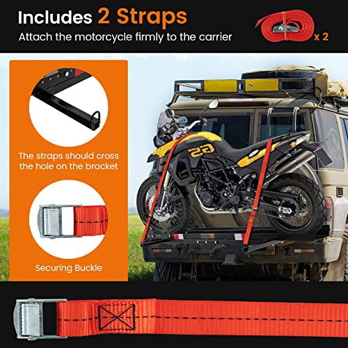 Goplus Motorcycle Hitch Carrier, 600LBS Motorcycle Carrier Hitch Mount with 2 Straps, Loading Ramp, Dirt Bike Trailer, Heavy Duty Motor Cycle Rack, Fit Up to 7.5” Wide Tire