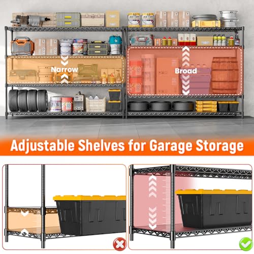 60" W Storage Shelves 2640 LBS Heavy Duty Garage Shelving, Adjustable Wire Shelving Metal Shelving with Liners, Fits 27-Gallon Totes, 60" W x 18" D x 68.4" H for Commercial Warehouse, Black - size: 60" W x 18" D x 68.4" H-4 Tier