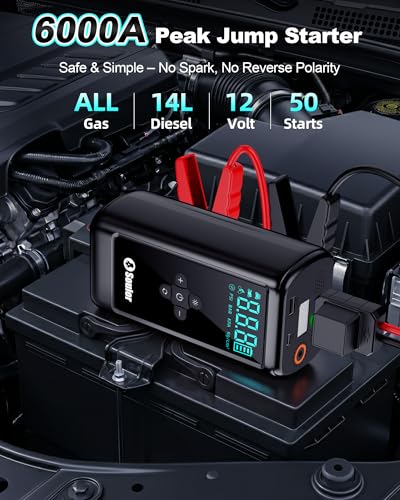 Jump Starter with Air Compressor Battery Jumper Starter Portable 6000A Car Battery Jump Starter with 160PSI Portable Tire Inflator, LED Light, Case (All Gas/14L Diesel)