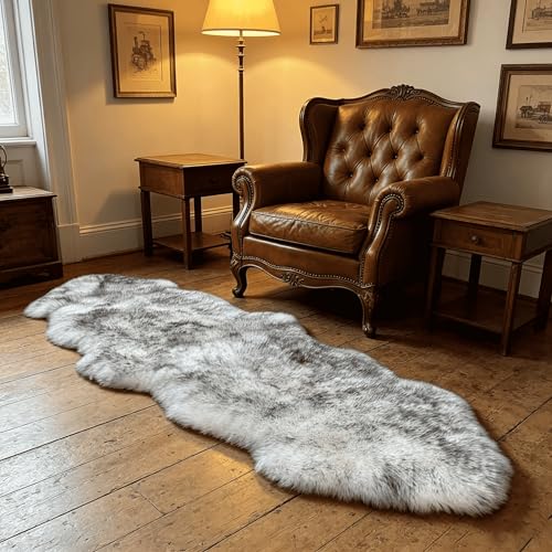 Fluffy Patchwork Sheepskin Rug with Little Patches, Fuzzy Shaggy Fur Genuine Wool Area Carpet for Bedroom Living Room Floor, Pray Pup Mat, Chair Sofa Seat Cover, Wolf Tipped, 2' x 6' - color: Wolf Tipped, size: 2' x 6' ((Double Pelt) Patchwork)