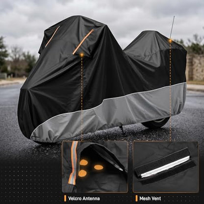 Waterproof Motorcycle Cover 420D Oxford Heavy Duty with Side Top Box Compatible with Harley Davidson Touring Ultra Limited Street Glide Road Glide Electra Glide (116" x 47" x 53") - color: Gray