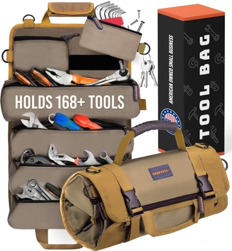 TOUGHEST Roll Up Tool Bag Organizer - 7 Pouches (3 Detachable) Compact Portable Tool Storage Box - 1680D Waterproof Small Tool Bag for Car - Gifts for Dad Mechanic Electrician - color: Khaki