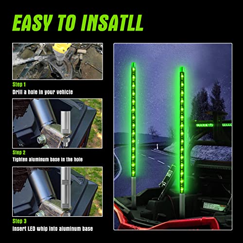 2PCS 1.2M Green LED Whip Light for Truck, BESTZHEYU 4FT ATV UTV LED Whip Light Antenna Whips for RZR Polaris Off-Road Sand Dune Buggy 4x4 - color: 1.2M Green Whip Light