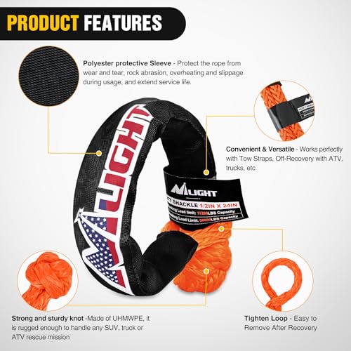 Nilight Synthetic Soft Shackle & Recovery Ring Kit 1/2inch x 24inch Soft Shackle (56,000 LBS Breaking Strength) with Snatch Ring (46,000 LBS MBS) for 4x4 Truck SUV ATV Off Road, 2 Years Warranty - color: 1Pc Shackles Orange + Snatch Ring