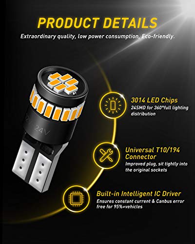AUXITO 194 LED Bulb Amber Yellow 168 2825 W5W T10 Wedge 24-SMD 3014 Chipsets Replacement Bulbs for Car Dome Map License Plate Courtesy Step Lights (Pack of 2) - color: Amber Yellow, size: 194/168