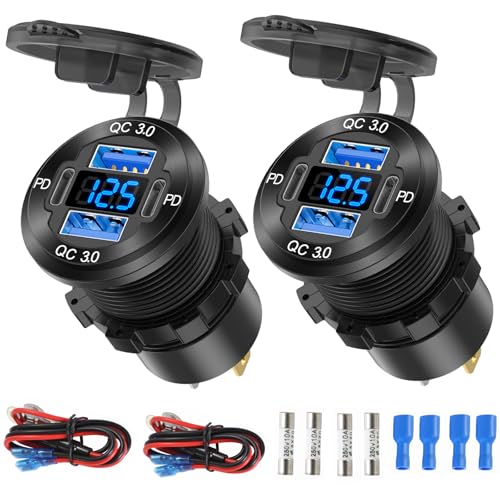 2 Pack 12V USB Outlet 4 Port Car Charger Socket, 78W Dual PD USB C and Dual Quick Charge 3.0 Port Aluminum Charger with Voltmeter DIY Kit Waterproof for Car Boat Marine Motorcycle RV ATV Truck, etc - color: Pack of 2