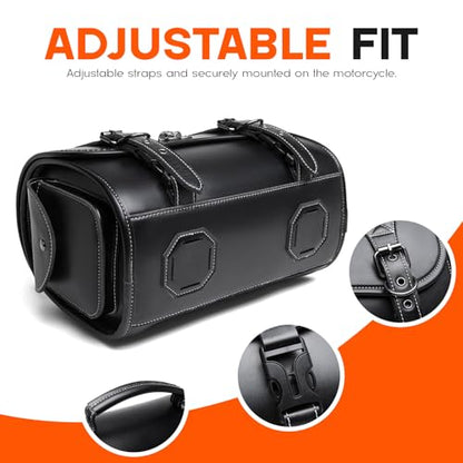 Rogierra 14.9L Motorcycle Fork Tool Bag With 2 Mounting Straps,PU Leather Roll Saddlebag For Front Fork, Handlebar & Sissy Bar Storage,Large Capacity Waterproof Fork Bag(Black, Metal Skull Pattern) - style: Metal Skull Badge