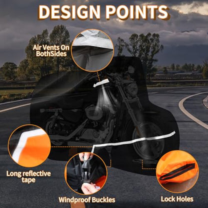 Motorcycle Cover Waterproof Outdoor 300D Oxford PU Coated, Black & Orange Motorcycle Accessories with Lock-Hole, Air Vents & Storage Bag, Fits Harley Touring Road King, Street Glide, Road Glide
