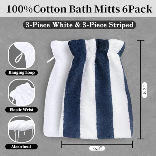 VOOVA & MOVAS Bath Mitts for Shower, 6-Pack, 8.3x6.3 Inch, 100% Cotton Soft Absorbent Wash Cloths with Hanging Loop, European Style Body & Bath Wash Mitts, Pink Stripe & White - color: Navy Stripe&white
