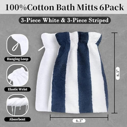 VOOVA & MOVAS Bath Mitts for Shower, 6-Pack, 8.3x6.3 Inch, 100% Cotton Soft Absorbent Wash Cloths with Hanging Loop, European Style Body & Bath Wash Mitts, Pink Stripe & White - color: Navy Stripe&white