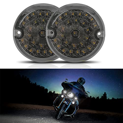 DREAMIZER 3-1/4 Inch Front LED Turn Signal Flat Lens 1157 Base Amber and White Lamp Compatible with Harley Road Glide Road King Softail Ultra Classic Ultra Limited Electra Glide (Smoke Black Lens)