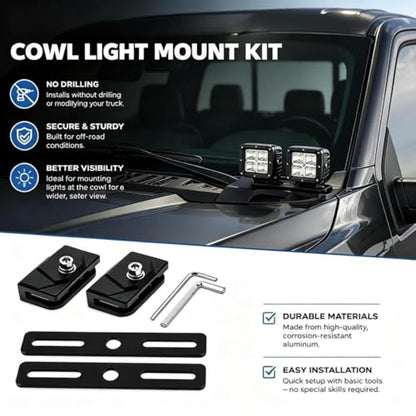 LED Light Bar Mounting Brackets A Pillar Ditch Light Bracket Extensions | Steel Cowl Pod Light Mounting Brackets No Drilling Universal Hood Light Mounting Brackets Adjustable Aluminum Alloy - color: Hood Mount + 2PCS Ditch Light Bracket Extensions