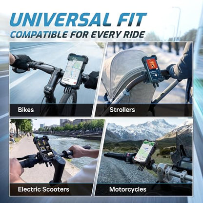 FIRETHORN Bike Phone Holder with Built in Rechargable Battery 5000 mAh - Motorcycle Mount, Handlebar Cell Phone Clamp, Scooter Clip, 4.7 to 6.8" Phone Types - iPhone 17, 16, 15 Plus, S20, Smartphones