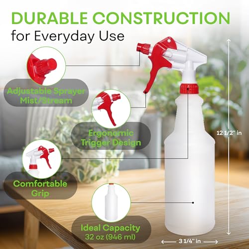 BRIGHTFROM 32 OZ Empty Plastic Spray Bottle, Heavy Duty with Adjustable Spray Nozzle, Chemical Resistant, All Purpose, Professional for Cleaning, Planting & Chemical Solutions
