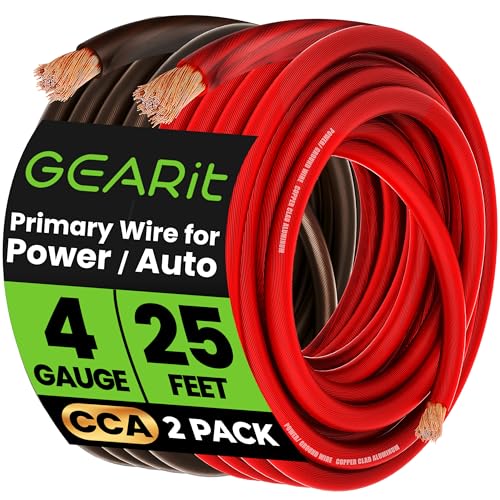 GEARit 4 Gauge Wire, CCA Electrical Wire Extension Cord for Automotive Power/Ground, Battery Cable, Car Audio, RV, Amp Wiring Kit, (25 feet Each- Black/Red Translucent) - color: 4 Gauge Wire, size: Black/Red - 25ft Each