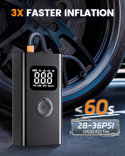 portable air compressor,150PSI air pump for car tires for Car-3X Faster Tire Pump for SUV, Motorcycle, Balls and Bicycle Built-in digital pressure gauge, LED emergency warning light