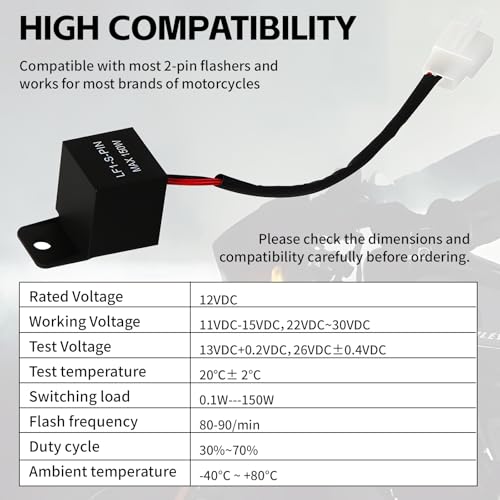 Motorcycle LED Flasher Relay, 2 Pin 12V DC, Automatic Operation, Universal Fit, Black, Normally Open Contact, Fix Abnormal Flashing