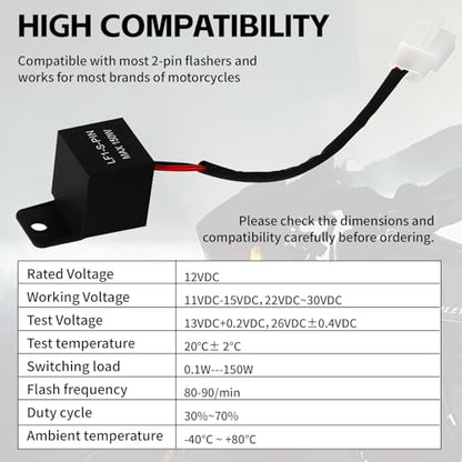 Motorcycle LED Flasher Relay, 2 Pin 12V DC, Automatic Operation, Universal Fit, Black, Normally Open Contact, Fix Abnormal Flashing