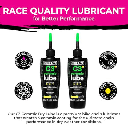 Muc-Off C3 Dry Weather Ceramic Lube 120ml (Pack of 2) with Microfiber Cloth | Premium Chain Lubricant for Dry, Dusty & Damp Conditions | Ceramic Protection with UV Dye - size: 120ml (Pack of 2)