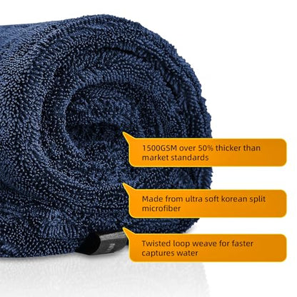 2-Pack 24" x 36" 11.8" x 11.8" Twisted-Loop Car Drying Towel 1500GSM Microfiber Cleaning Cloth for Car Trucks Motorcycles Streak Free Lint Free Ultra Absorbent Washing Cloth for Kitchen Window (Blue)