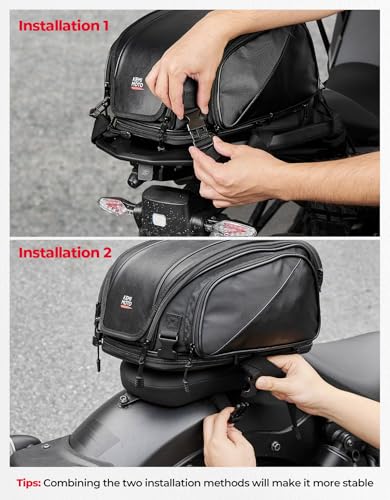 KEMIMOTO Motorcycle Tail Bag 18-22L Expandable Sissy bar Motorcycle Luggage Seat Travel Rear Rack Bag Waterproof for Daul Sport Sportster Softail Dyna Touring Shadow Vulcan - size: 18-22L