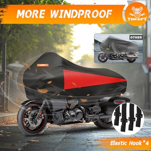 Motorcycle Half Cover with Elastic Hook and Reflective Strip Waterproof Dustproof Sunproof All-Day Protection Suitable for Touring Models Road King Street Glide Road Glide and More (Black&Red) - color: Black&Red