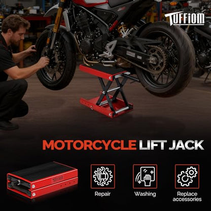 TUFFIOM 1100LBS Motorcycle Scissor Lift Jack，Height Adjustable with Rubber Top Surface & Safety Pin, Foldable Motorcycle Center Stand for Dirt Bike ATV, Red - size: w/Rubber Top Surface