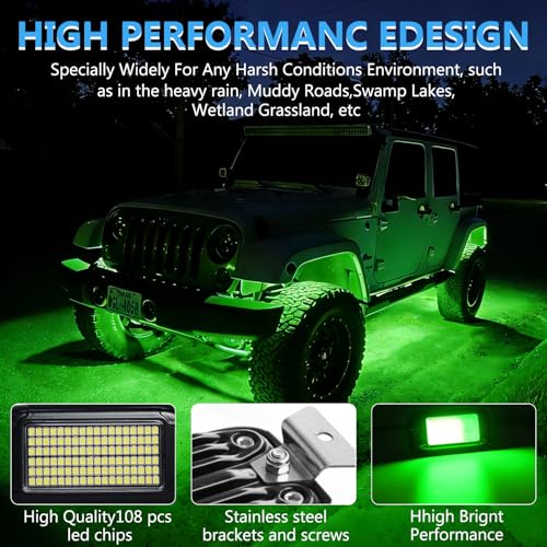 Nicoko 108 High-Power LEDs per Pod 4Pods Pure Green Rock Lights Ultra-Bright Offroad Underglow Kit Advanced Heat Dissipation IP68 Waterproof for Truck, SUV, UTV, ATV, RZR - size: Pure green rock lights